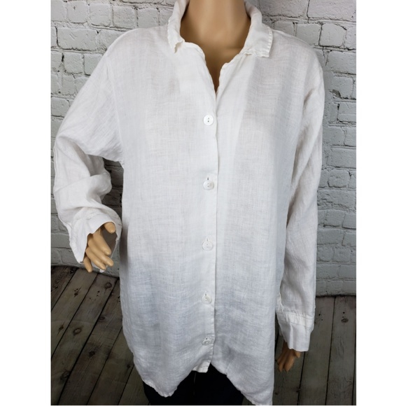 Flax Tops - Flax Linen Button Down Shirt Blouse White Large